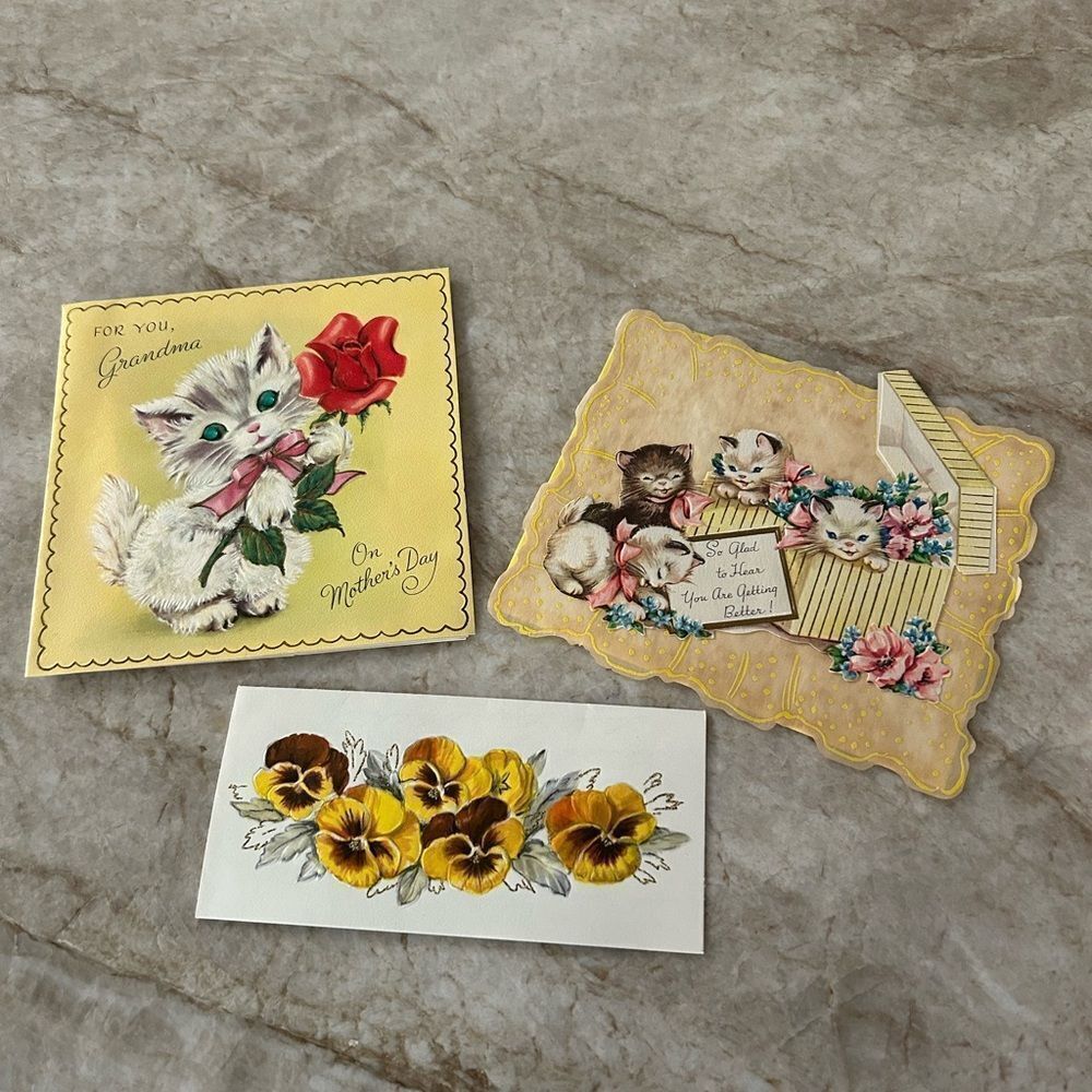 3 Vintage Cat & Pansy Greeting Cards